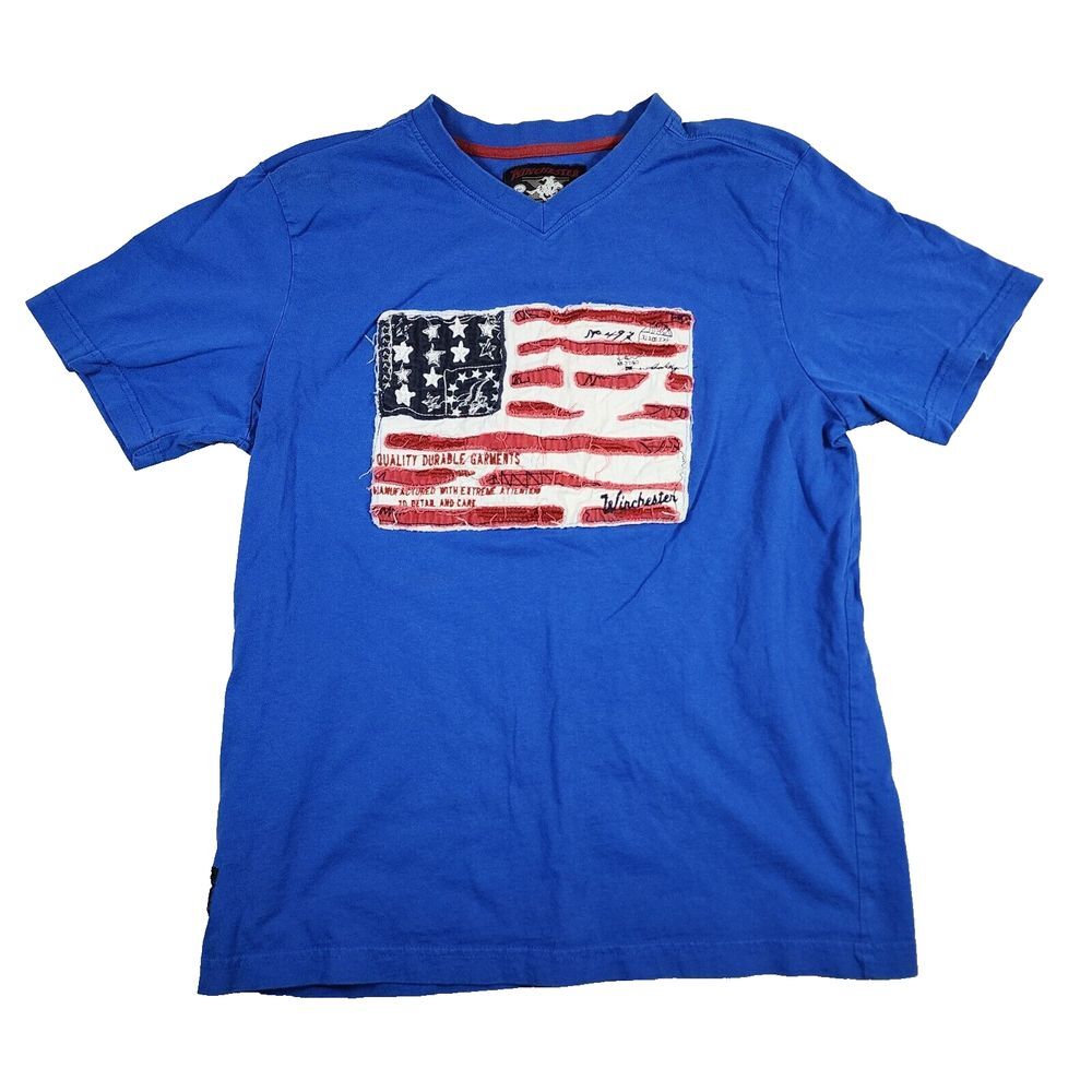 Winchester Blue V-neck American Flag Graphic Short Sleeve Casual‎ T-shirt Sz M